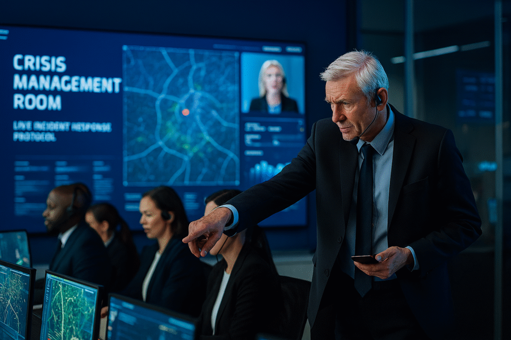 Senior leader coordinating a crisis response team in a modern control room, symbolising strategic decision-making and resilience