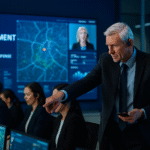 Senior leader coordinating a crisis response team in a modern control room, symbolising strategic decision-making and resilience
