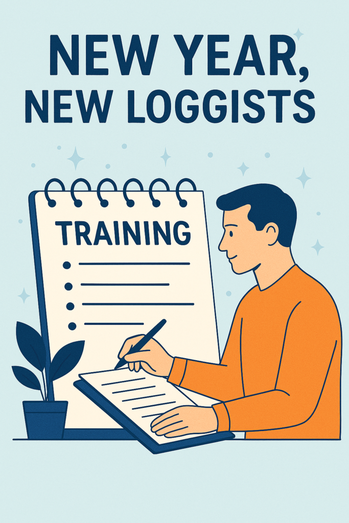 Illustration of a person writing in a training notebook labelled ‘Training’, with the heading ‘New Year, New Loggists’ above, symbolising preparation and skill‑building for crisis log‑keeping.