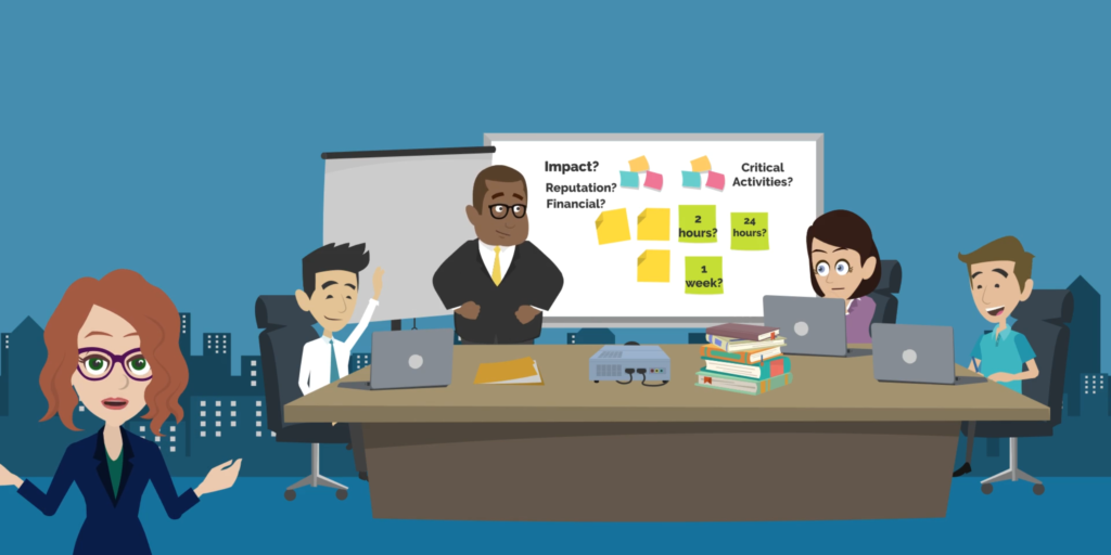 Animated scene showing a business impact analysis workshop — a team around a boardroom table with a whiteboard displaying impact categories and recovery timeframes