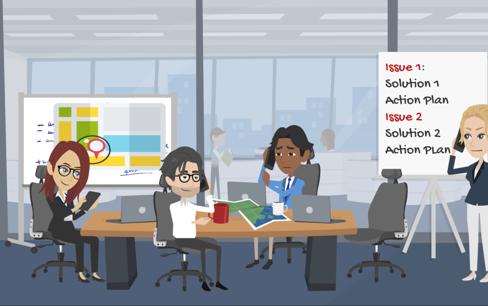 Animated crisis management scene showing a team responding to an incident — issues, solutions and action plans on a flipchart as staff coordinate around a boardroom table