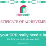 RiskReady Certificate of Achievement with logo and decorative border, used to illustrate a blog post about why RiskReady courses don't require formal CPD accreditation