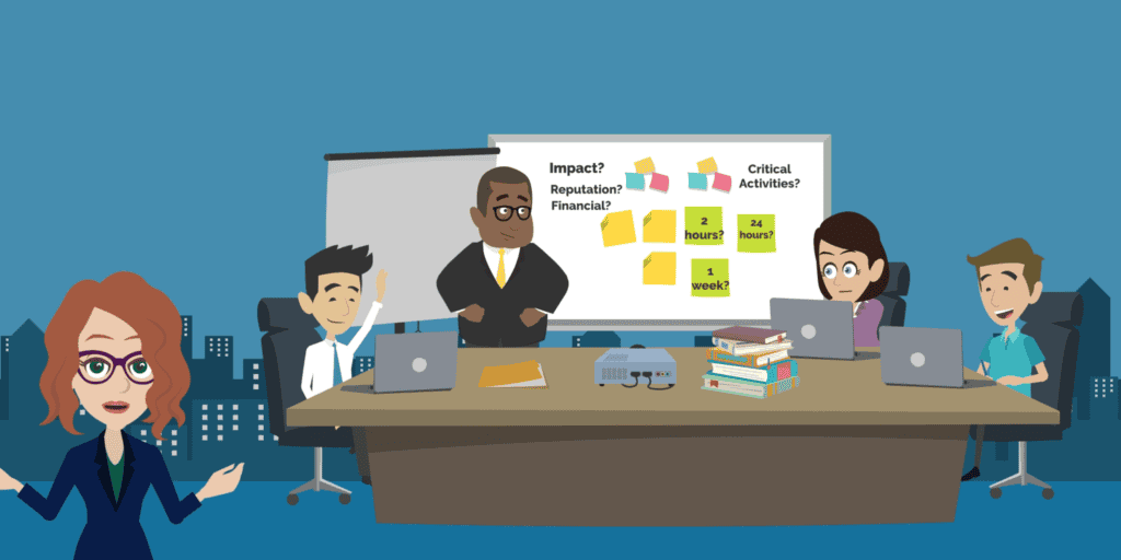 Animated scene showing a business impact analysis workshop — a team around a boardroom table with a whiteboard displaying impact categories and recovery timeframes