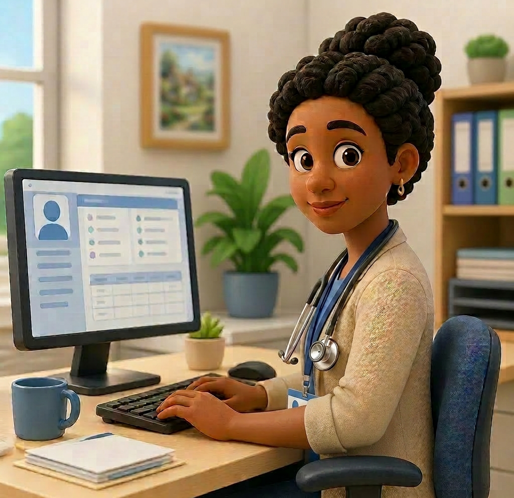 3D clay render illustration of a healthcare worker at a computer with patient records on screen, representing the importance of practical data protection training