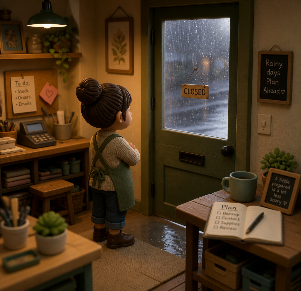 3D clay-render illustration of a small business owner standing with arms crossed, looking at a rain-streaked door with a closed sign, surrounded by a warm, cluttered shop interior with a planning notebook and to-do list visible