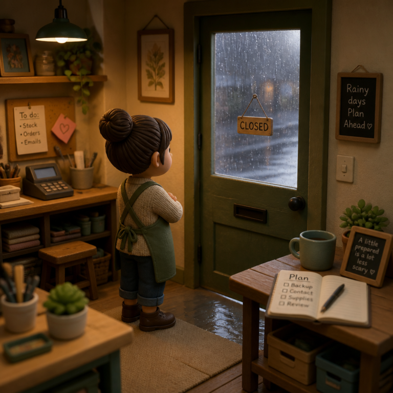 3D clay-render illustration of a small business owner standing with arms crossed, looking at a rain-streaked door with a closed sign, surrounded by a warm, cluttered shop interior with a planning notebook and to-do list visible