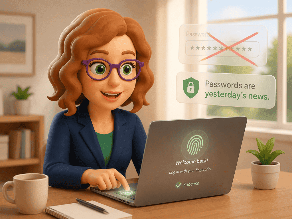 Animated character logging into a laptop using fingerprint authentication, with a crossed-out password field in the background and the message 'Passwords are yesterday's news' — illustrating the shift from passwords to passkeys.
