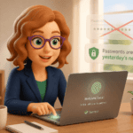 Animated character logging into a laptop using fingerprint authentication, with a crossed-out password field in the background and the message 'Passwords are yesterday's news' — illustrating the shift from passwords to passkeys.