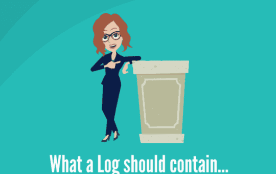 Animated character explaining what a log should contain during RiskReady loggist training course