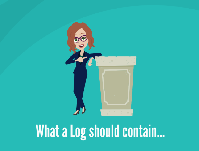 Animated character explaining what a log should contain during RiskReady loggist training course
