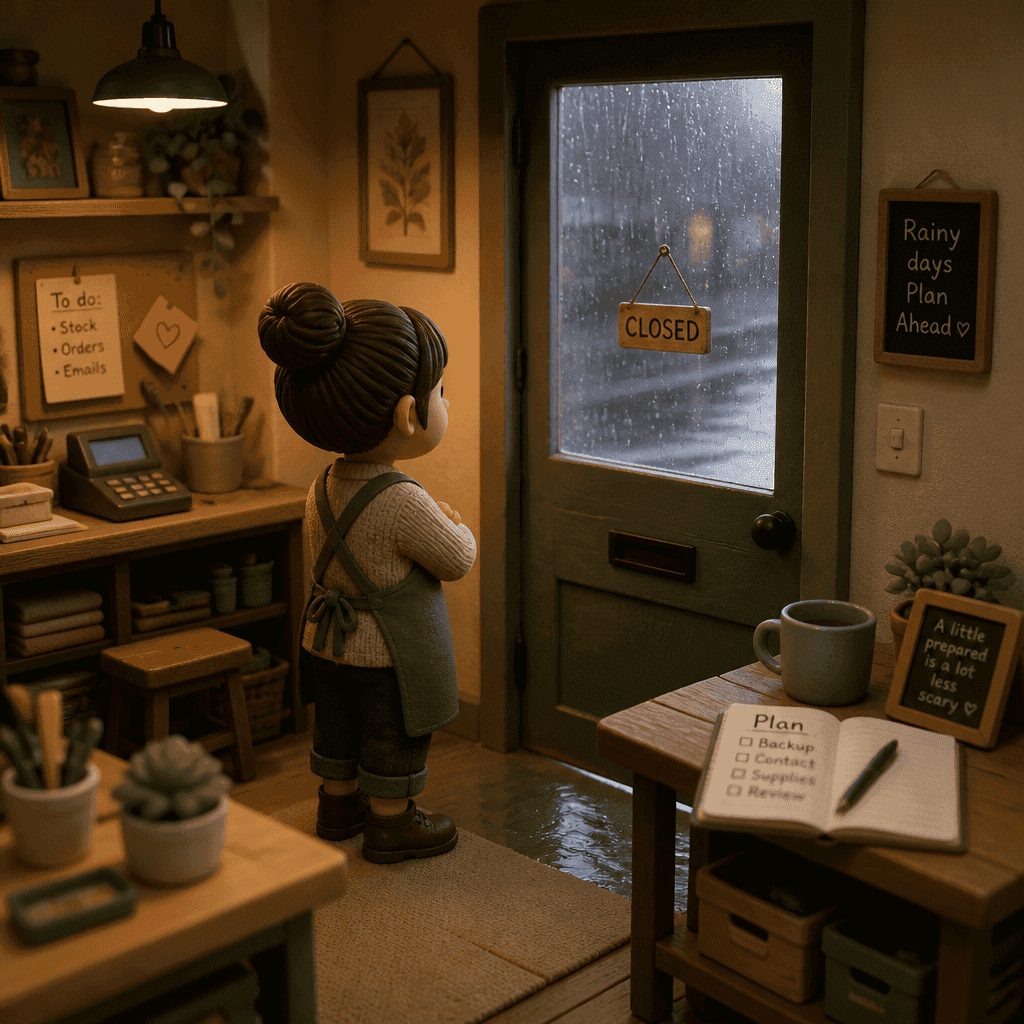 3D clay-render illustration of a small business owner standing with arms crossed, looking at a rain-streaked door with a closed sign, surrounded by a warm, cluttered shop interior with a planning notebook and to-do list visible