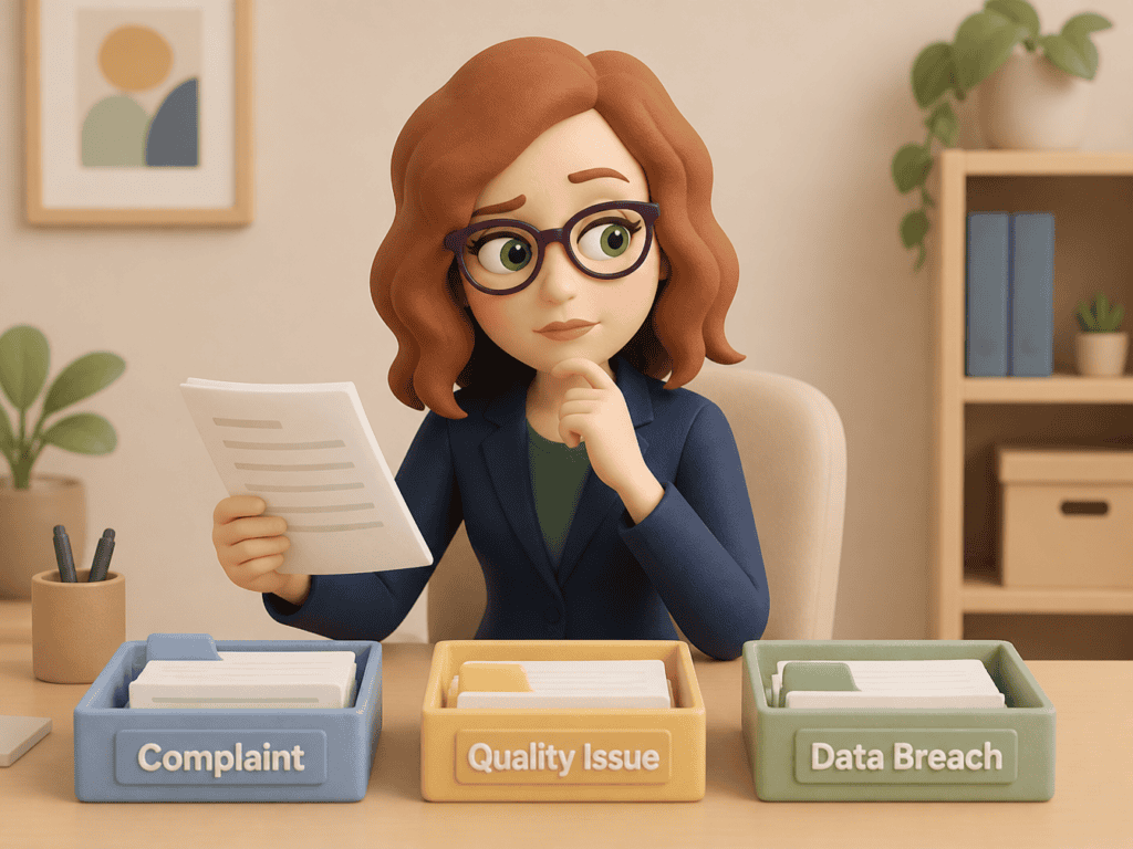A 3D clay-render illustration of a woman with red hair and purple-framed glasses, sitting at a desk and holding a document with a thoughtful expression. In front of her are three labelled filing trays reading Complaint, Quality Issue, and Data Breach.