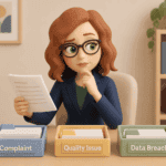 A 3D clay-render illustration of a woman with red hair and purple-framed glasses, sitting at a desk and holding a document with a thoughtful expression. In front of her are three labelled filing trays reading Complaint, Quality Issue, and Data Breach.
