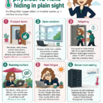 Infographic showing six information security risks in hot weather: propped doors, open windows, tailgating, roaming workers, heat fatigue, and server room cooling.