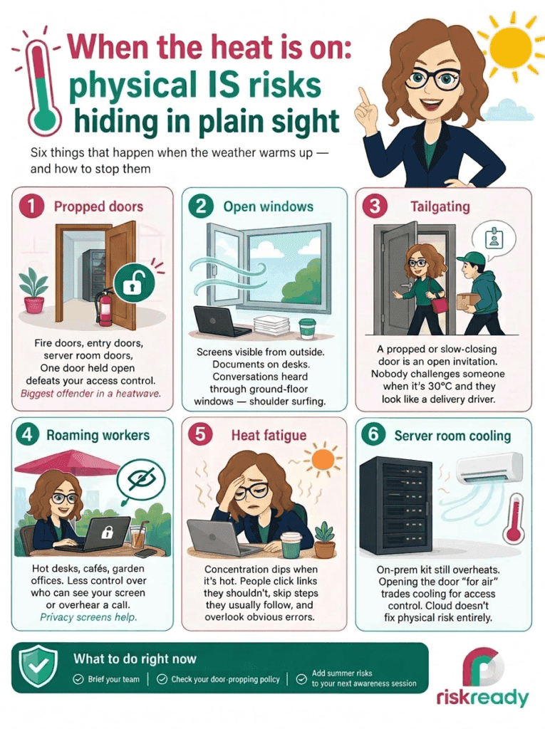 Infographic showing six information security risks in hot weather: propped doors, open windows, tailgating, roaming workers, heat fatigue, and server room cooling.