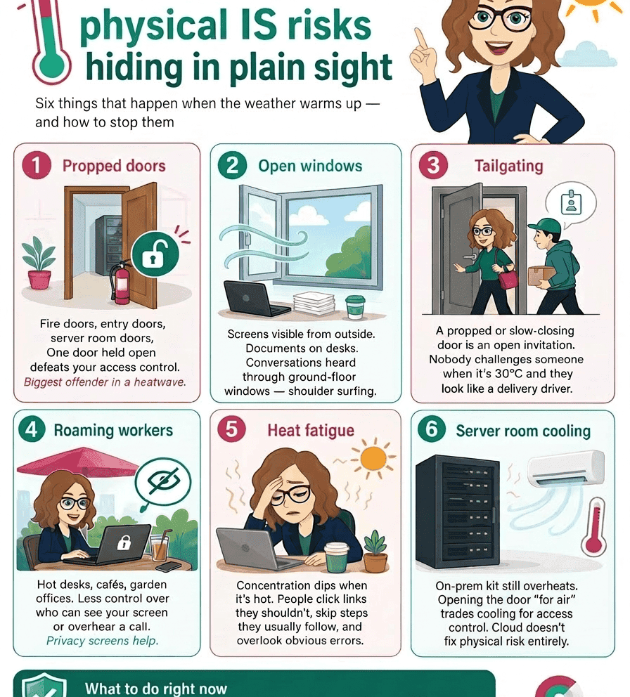 Infographic showing six information security risks in hot weather: propped doors, open windows, tailgating, roaming workers, heat fatigue, and server room cooling.