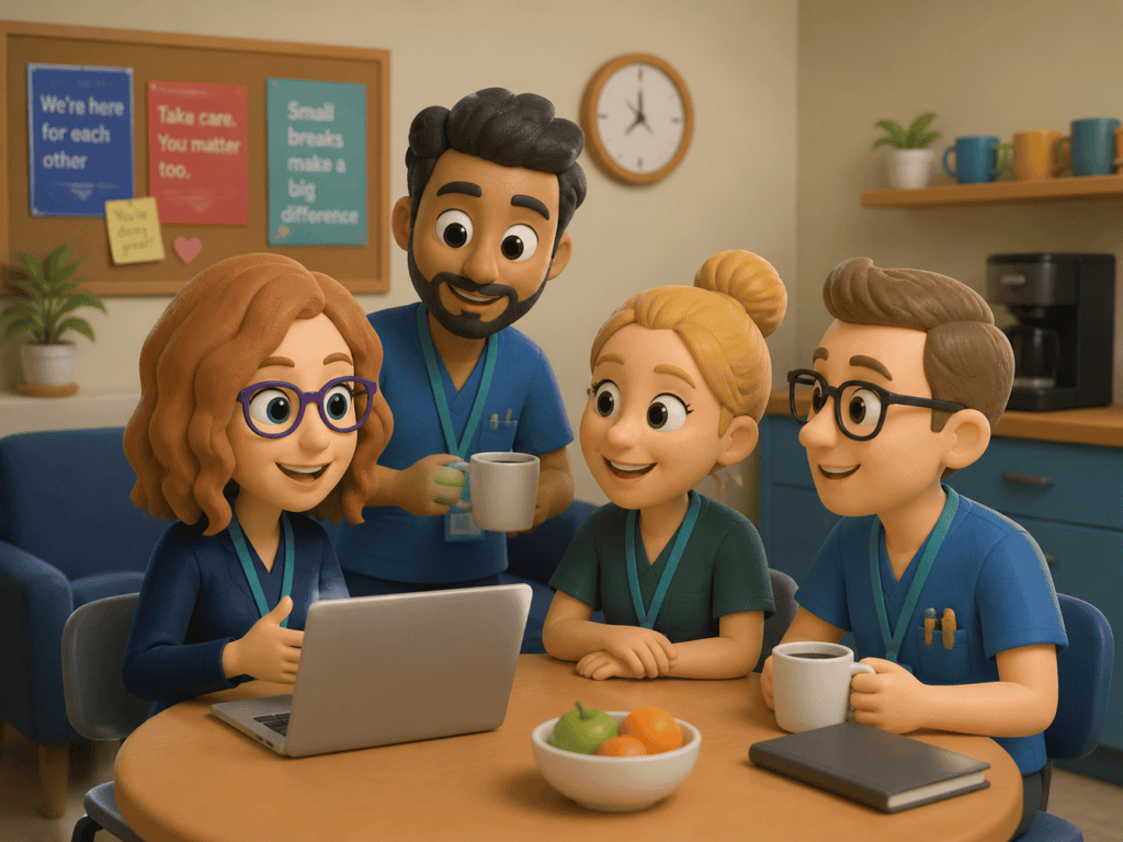 A group of healthcare workers gathered around a laptop in a staff break room, engaged in a training discussion — illustrating the value of practical, ongoing GDPR training in healthcare settings