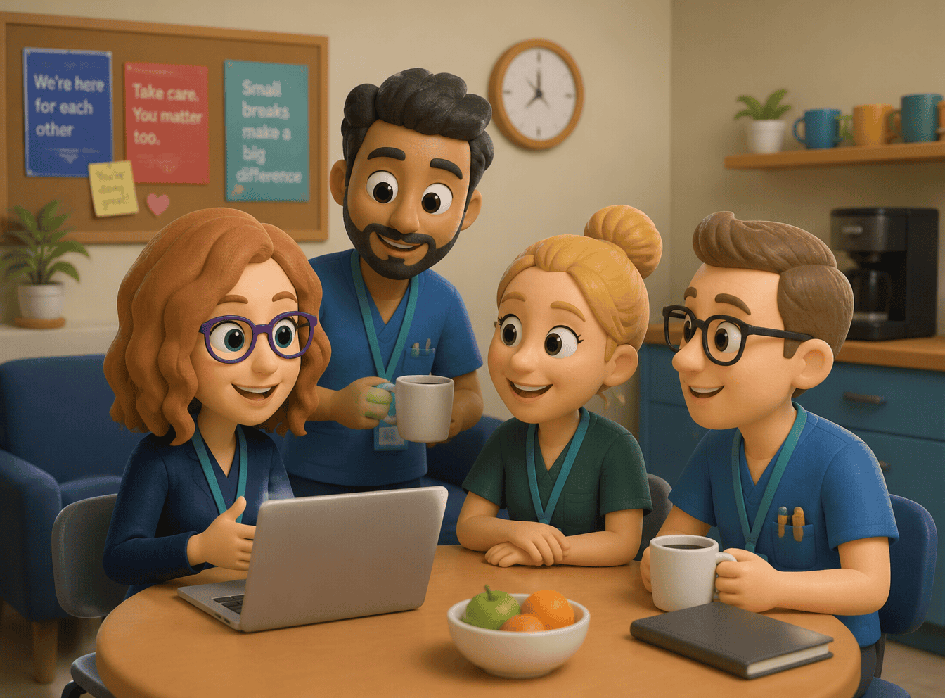 A group of healthcare workers gathered around a laptop in a staff break room, engaged in a training discussion — illustrating the value of practical, ongoing GDPR training in healthcare settings