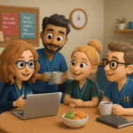 A group of healthcare workers gathered around a laptop in a staff break room, engaged in a training discussion — illustrating the value of practical, ongoing GDPR training in healthcare settings