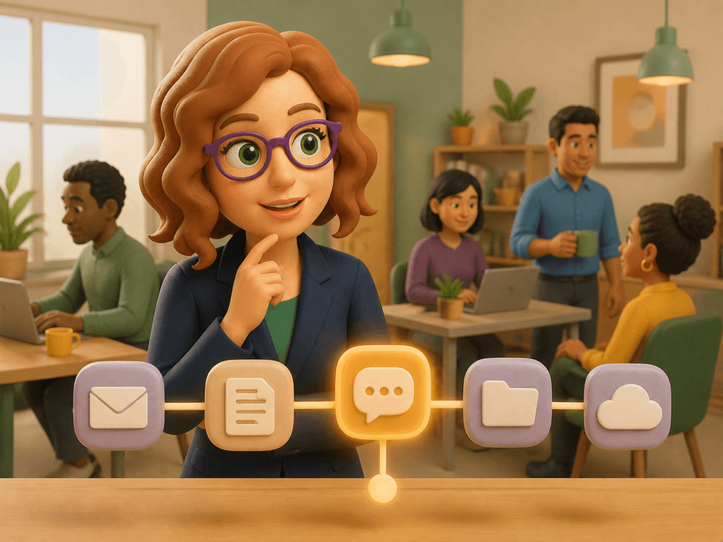 Illustrated RiskReady avatar looking at a row of connected everyday business tools, with one glowing differently to represent an overlooked risk.