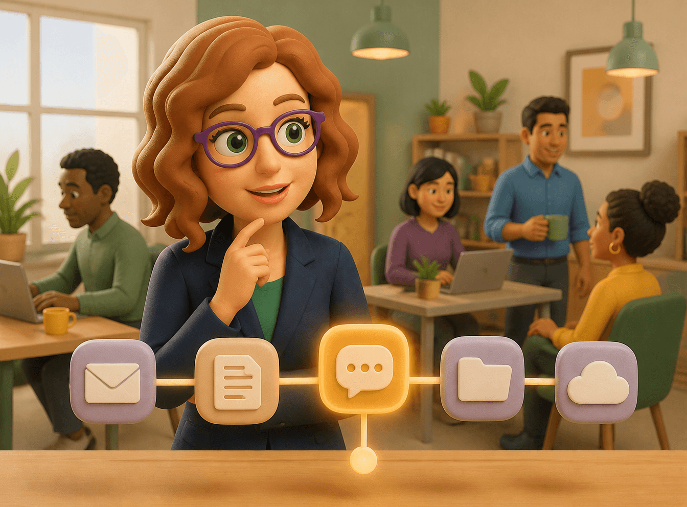Illustrated RiskReady avatar looking at a row of connected everyday business tools, with one glowing differently to represent an overlooked risk.