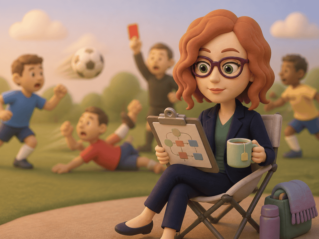 Illustration of a calm advisor reviewing a crisis management flowchart while chaos unfolds behind her, representing composure during a crisis