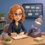 Illustration of a woman keeping an incident log at her desk, reflecting the duty of candour, with a ringing phone and timeline diagram on the wall behind her