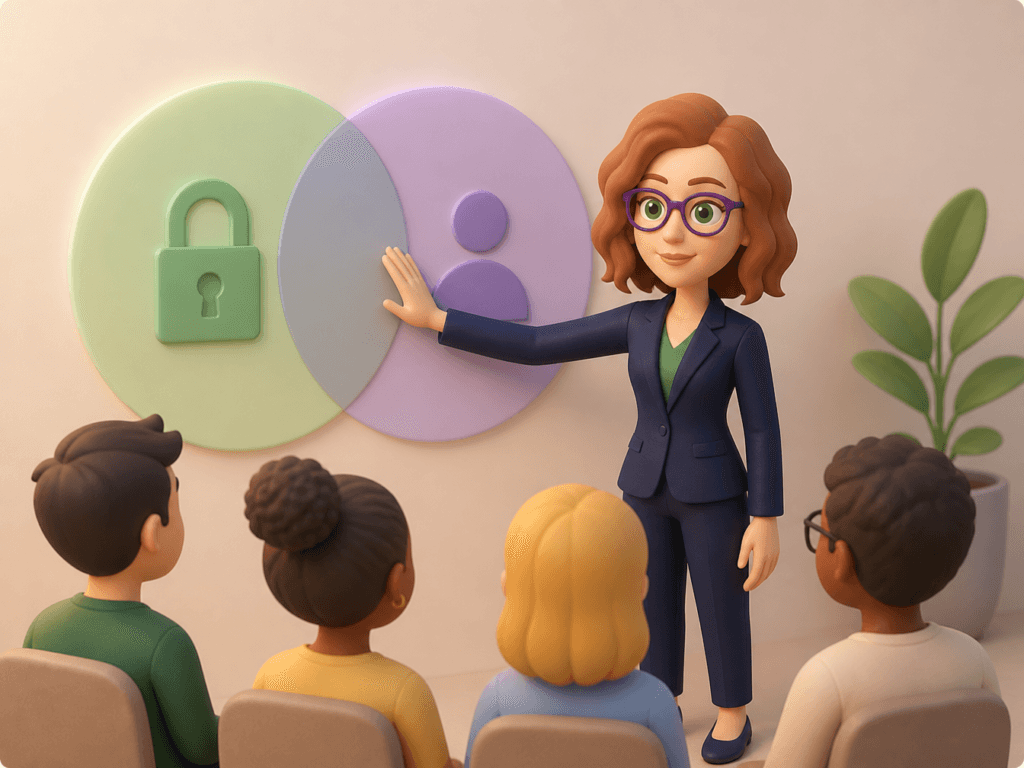 Illustration of a woman in a navy suit explaining the overlap between information security (padlock icon) and data protection (person icon) using two intersecting circles, in front of a small seated audience.