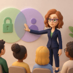 Illustration of a woman in a navy suit explaining the overlap between information security (padlock icon) and data protection (person icon) using two intersecting circles, in front of a small seated audience.