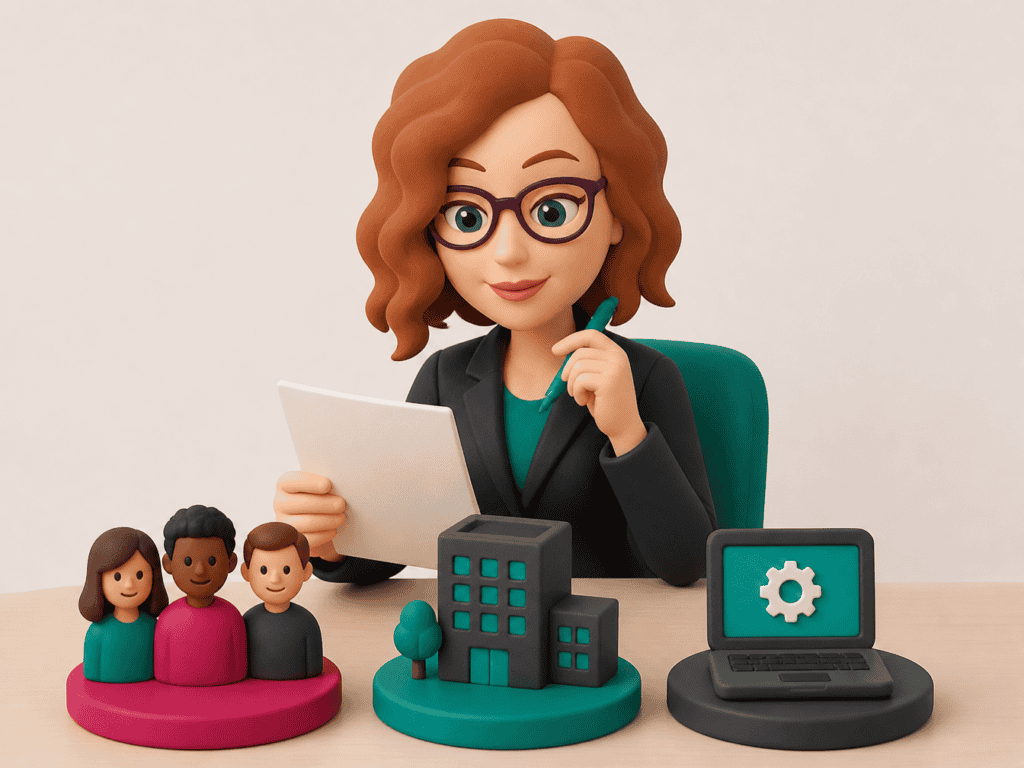 3D clay-style illustration of a woman at a desk reviewing a document, with icons representing people, premises, and IT systems — the three things a business continuity plan protects.