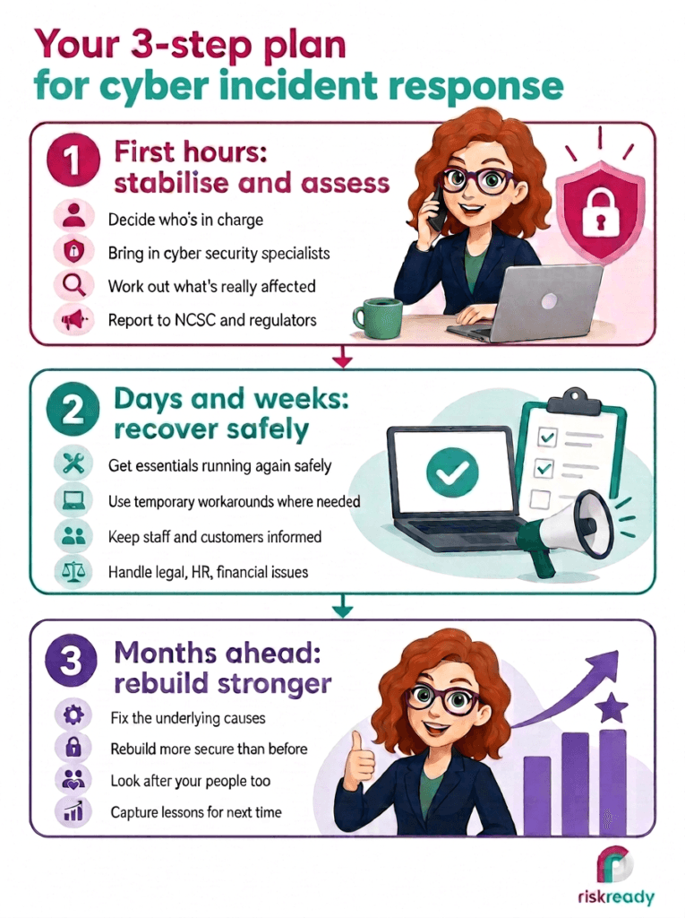 Infographic showing a 3-step plan for cyber incident response: first hours to stabilise and assess by deciding who's in charge, bringing in specialists, and reporting to the NCSC; days and weeks to recover safely by restoring essentials, using workarounds, and keeping people informed; and months ahead to rebuild stronger by fixing root causes and capturing lessons learned.
