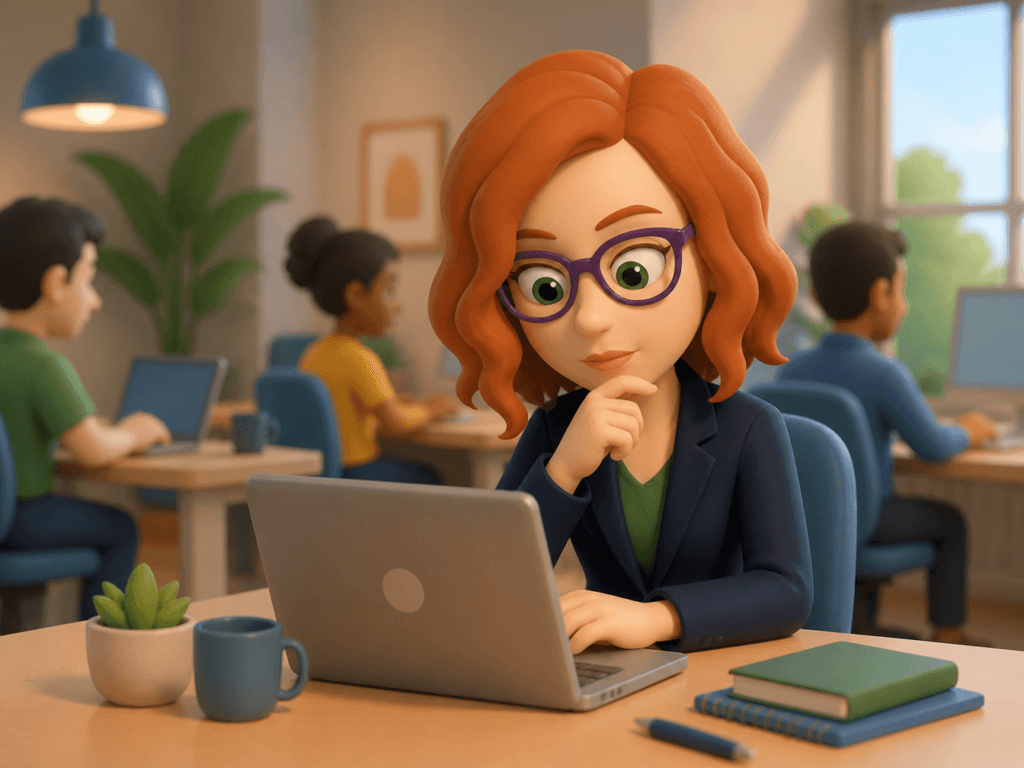 Illustrated woman sitting at a laptop with a thoughtful expression, considering what to do after receiving a data breach notification email.