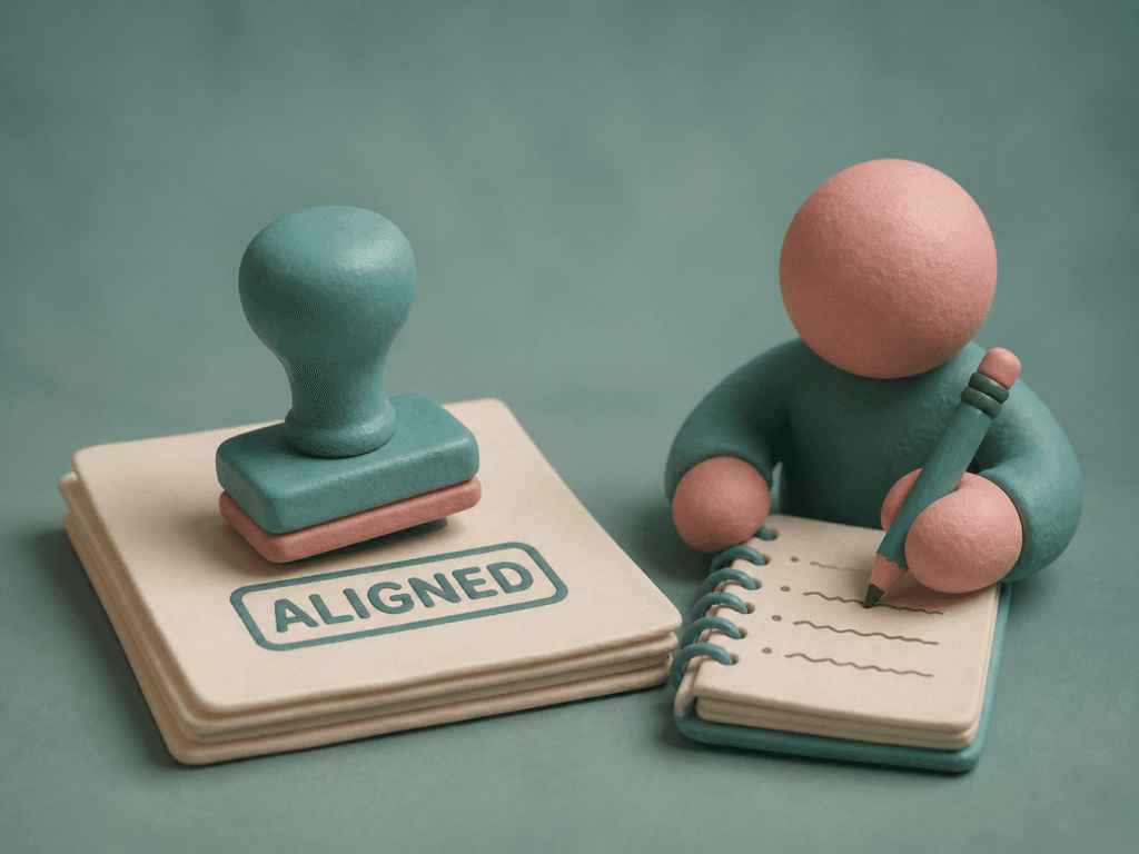 3D clay illustration of a stamp marked "aligned" next to a figure handwriting in a notebook, representing the gap between standards alignment and practical loggist training