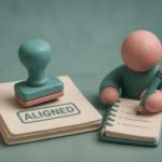 3D clay illustration of a stamp marked "aligned" next to a figure handwriting in a notebook, representing the gap between standards alignment and practical loggist training