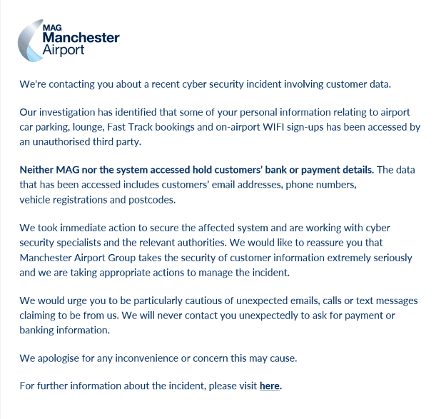 Example of a genuine data breach notification email, used in this guide to show what to check for.