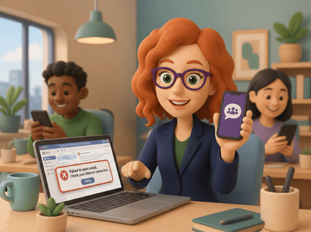 Illustrated woman getting a failed-email error on her laptop, holding up her phone to a team group chat instead