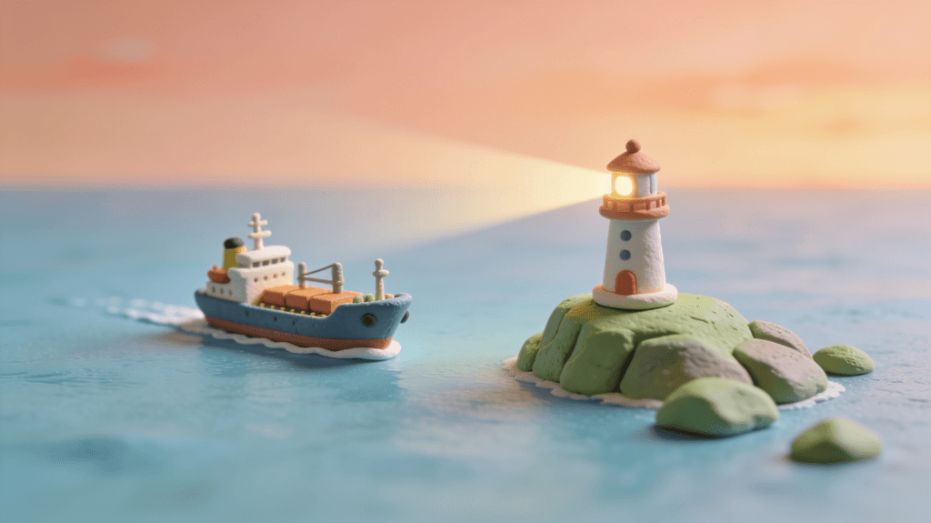 Clay illustration of a small tanker passing a lighthouse at dusk, illustrating risk appetite vs risk tolerance