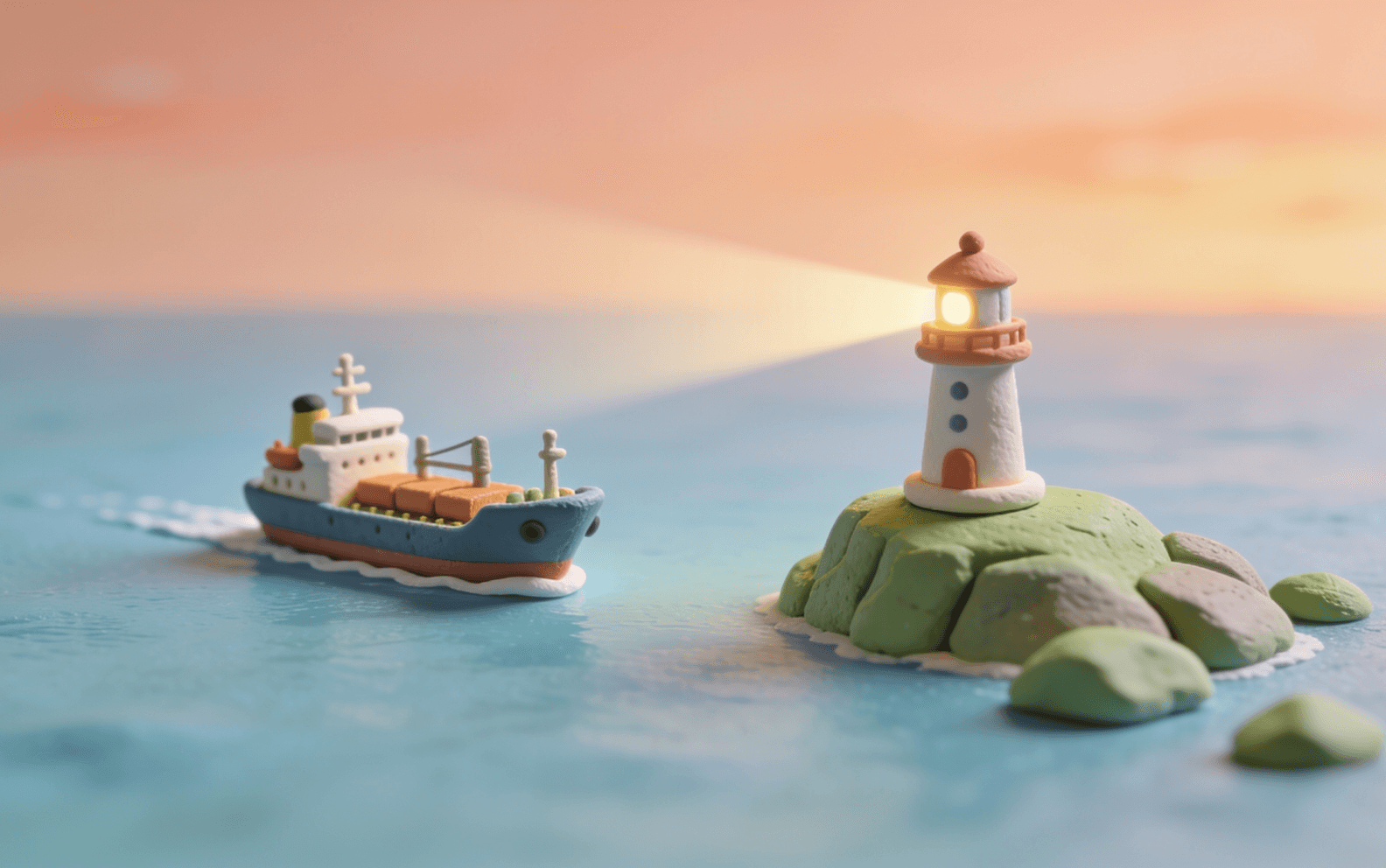 Clay illustration of a small tanker passing a lighthouse at dusk, illustrating risk appetite vs risk tolerance