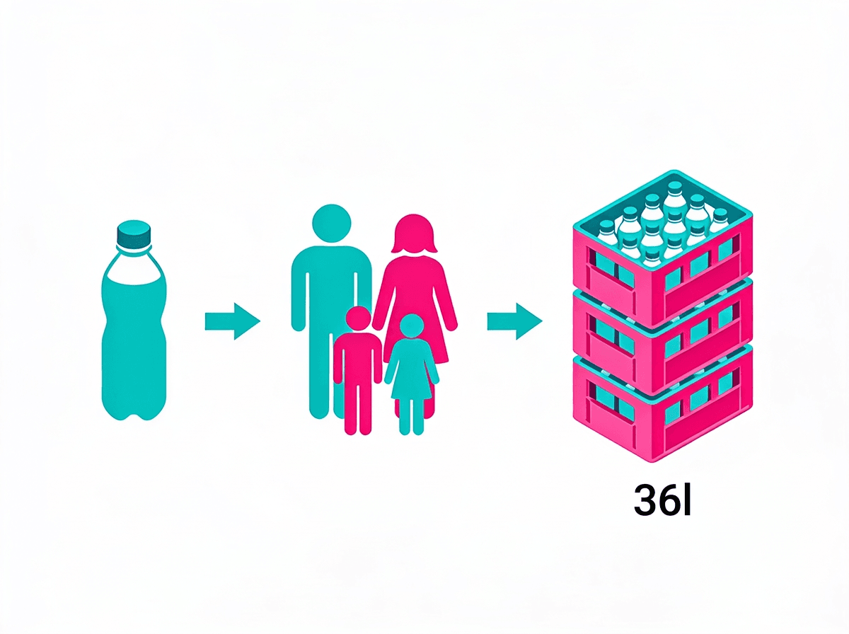 Infographic showing water needs scaling from 3 litres per person to 36 litres for a family of four
