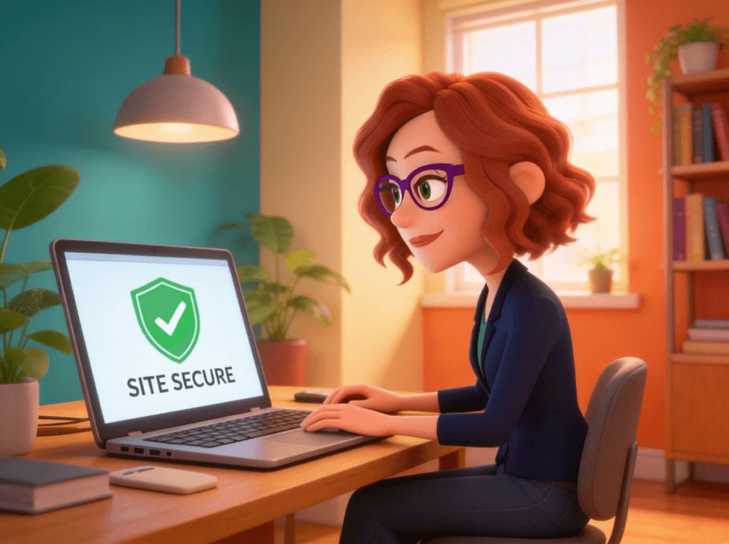 Illustrated woman looking reassured at a laptop showing a website security check has passed